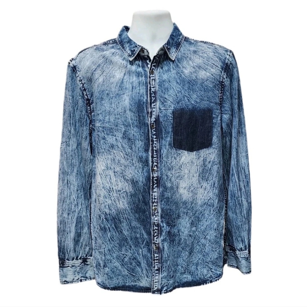 INC International Concepts Men's Long Sleeve Button Up Denim Shirt Washed Blue L